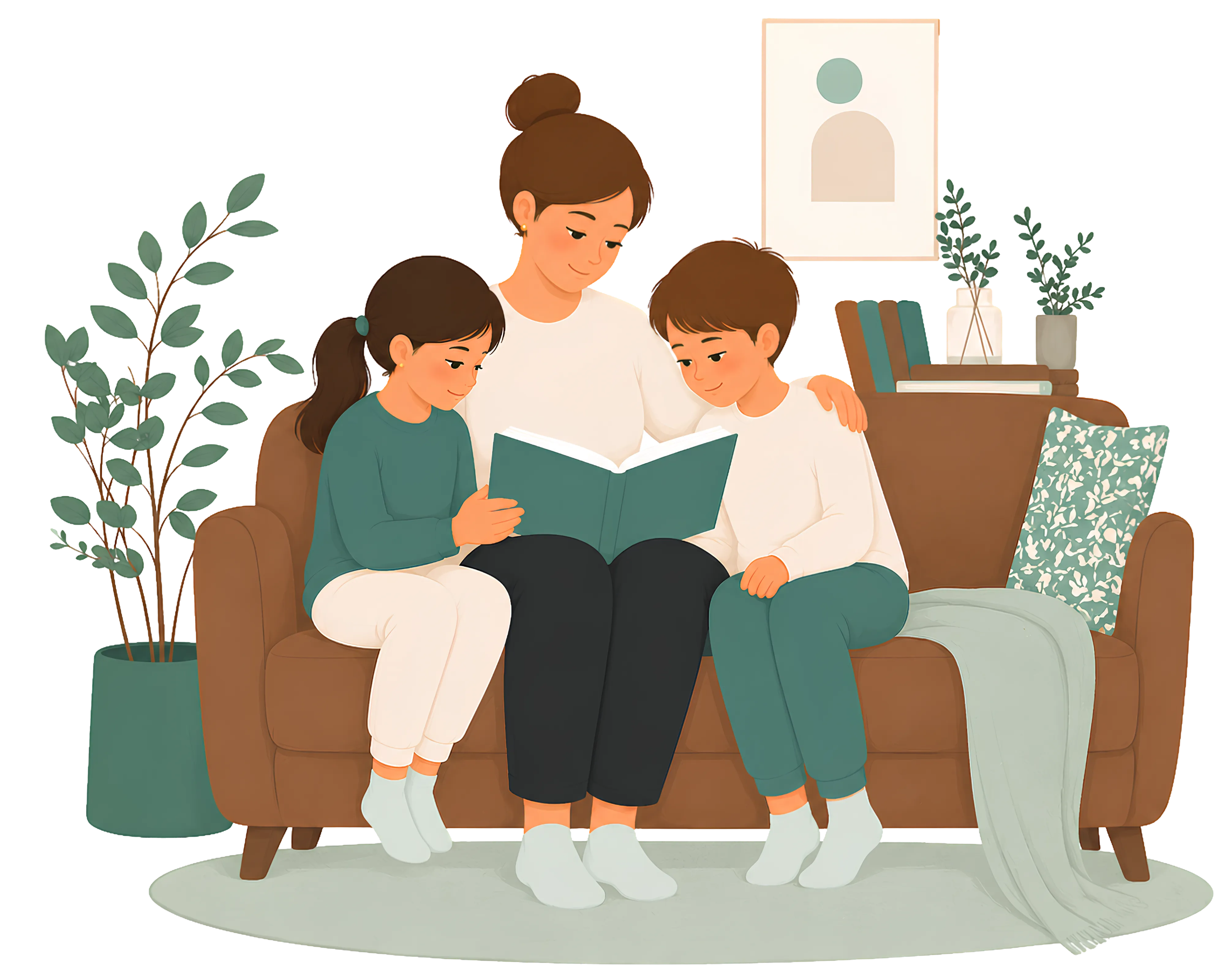 A parent reading an illustrated bedtime story to their child, with a dragon, rocket, and baby imagined floating above the storybook.