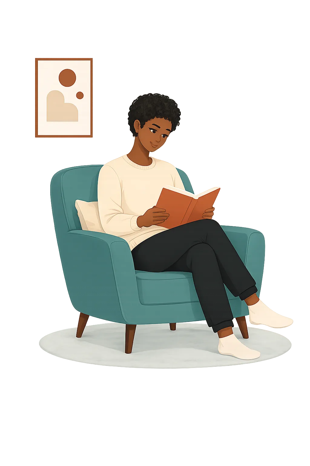 A woman relaxing in an armchair with a cup of tea, reading a book.
